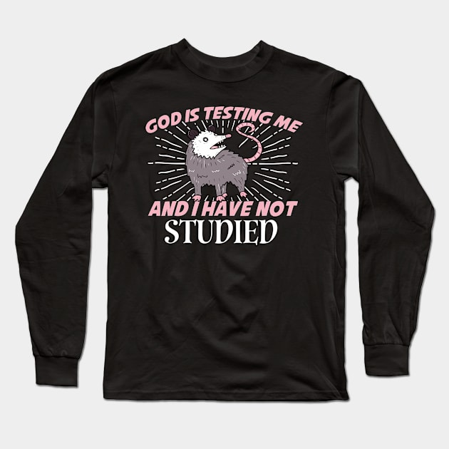 God Is Testing Me And I Have Not Studied Opossum  Long Sleeve T-Shirt by PhiloArt